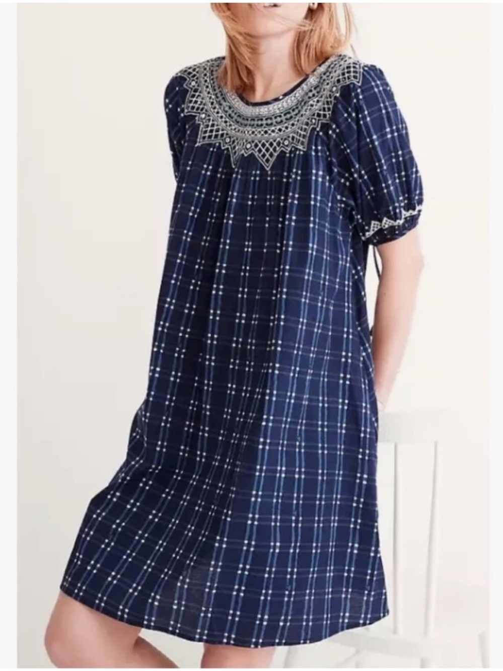 Madewell Cotton Plaid Blue embroidered Puff Tie Sleeve Dress Women M